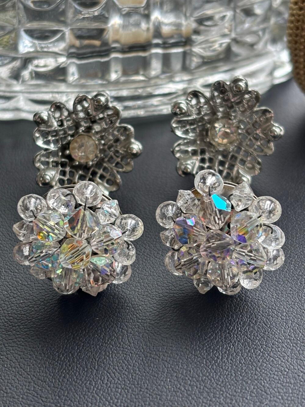 Earring Lot 2 Pair Vintage Gold Rhinestone Crystals Clip On Bead Earrings JAPAN